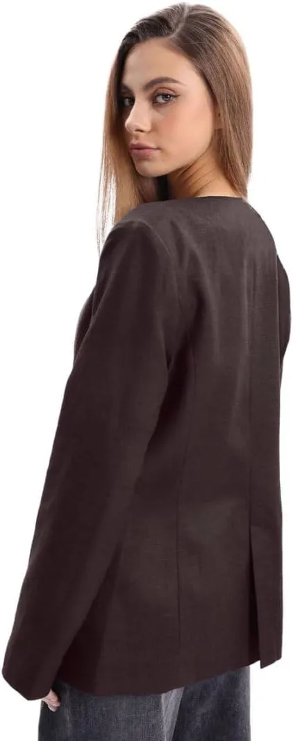 Amazhiyu Women's Linen Blend Round Neck Button Up Blazers Long Sleeve Coat Office