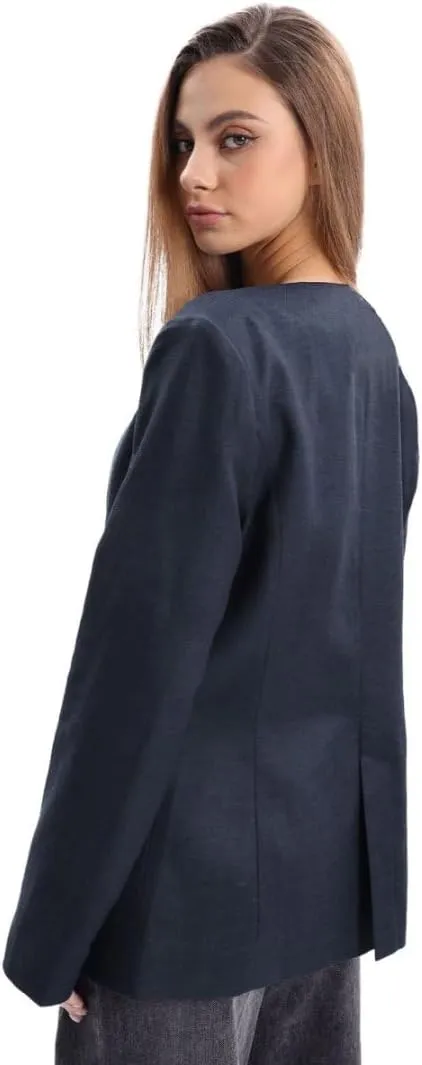 Amazhiyu Women's Linen Blend Round Neck Button Up Blazers Long Sleeve Coat Office