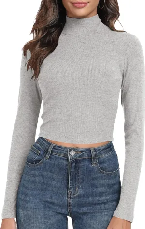 Artfish Women's Basic Mock Neck Slim Fitted Workout Rib Knit Long Sleeve Crop Top