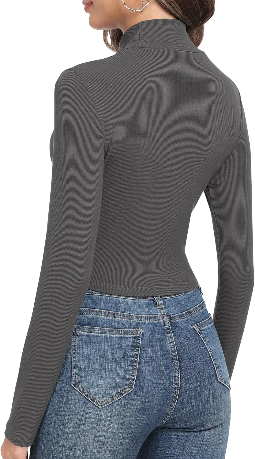 Artfish Women's Basic Mock Neck Slim Fitted Workout Rib Knit Long Sleeve Crop Top