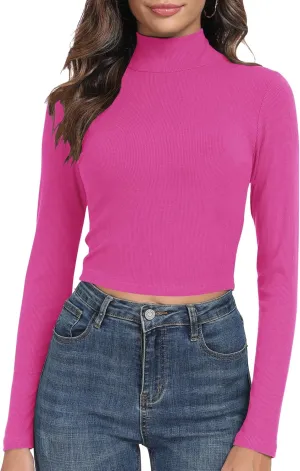 Artfish Women's Basic Mock Neck Slim Fitted Workout Rib Knit Long Sleeve Crop Top