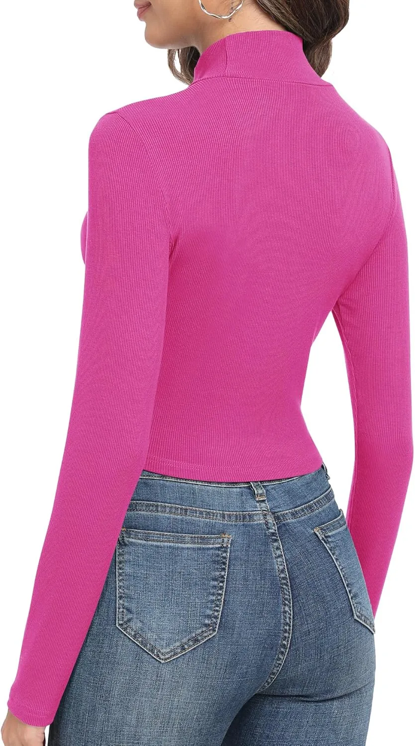 Artfish Women's Basic Mock Neck Slim Fitted Workout Rib Knit Long Sleeve Crop Top