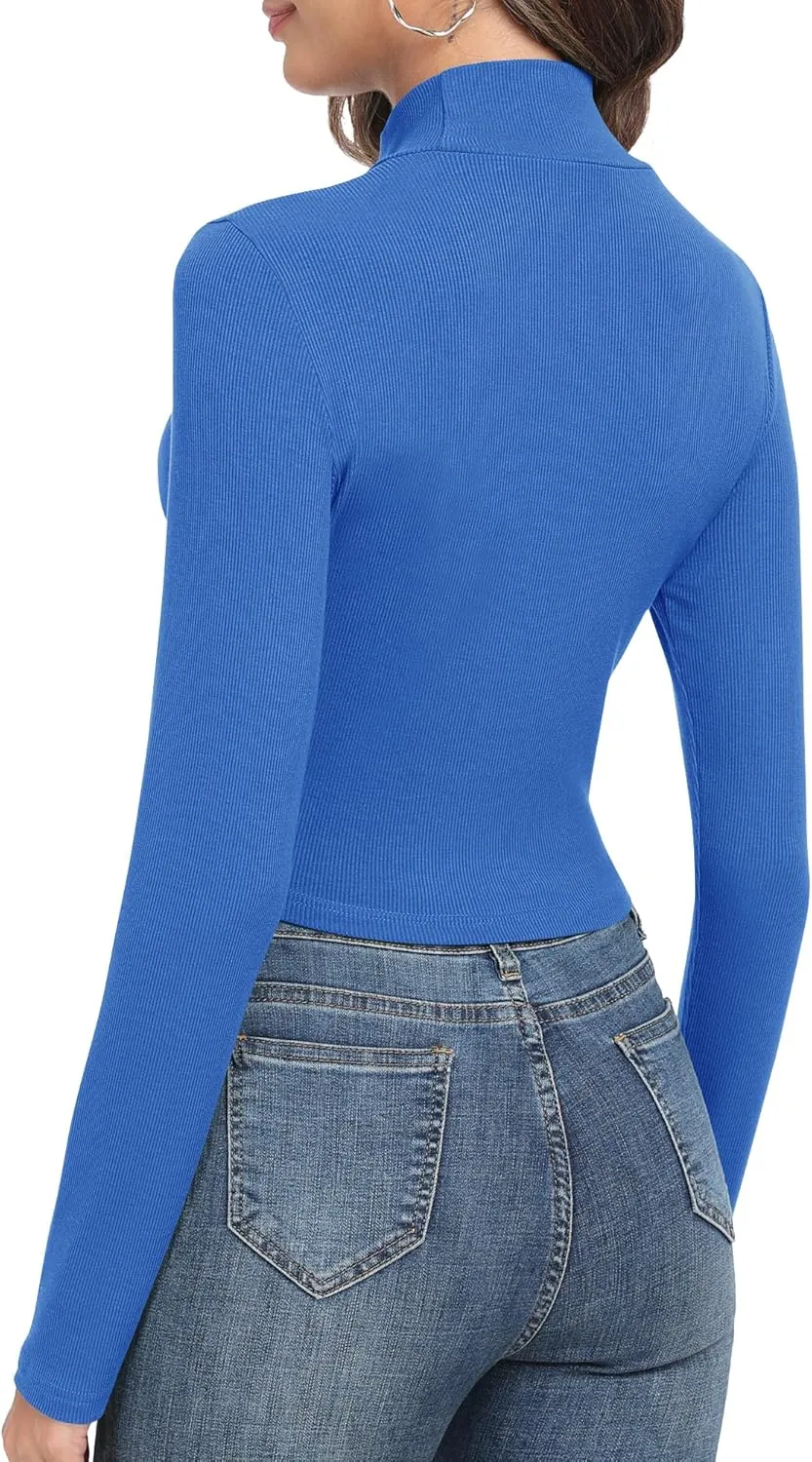 Artfish Women's Basic Mock Neck Slim Fitted Workout Rib Knit Long Sleeve Crop Top