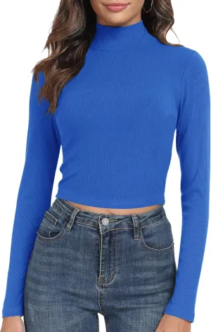Artfish Women's Basic Mock Neck Slim Fitted Workout Rib Knit Long Sleeve Crop Top