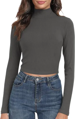 Artfish Women's Basic Mock Neck Slim Fitted Workout Rib Knit Long Sleeve Crop Top