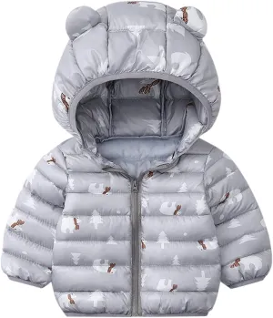 Baby Toddler Down Puffer Jacket Clothes Kids Warm Down Hooded Winter Coat Bear Hoods Outwear Zip (Grey, 2-3 Years)