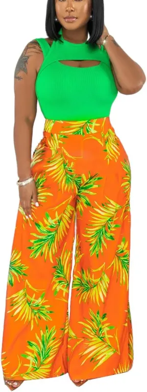BFFBABY Womens Casual Palazzo Pants High Waist Printed Ruched Loose Flowy Lounge Wide Leg Pants (M-3XL)