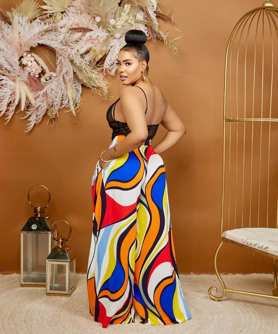 BFFBABY Womens Casual Palazzo Pants High Waist Printed Ruched Loose Flowy Lounge Wide Leg Pants (M-3XL)