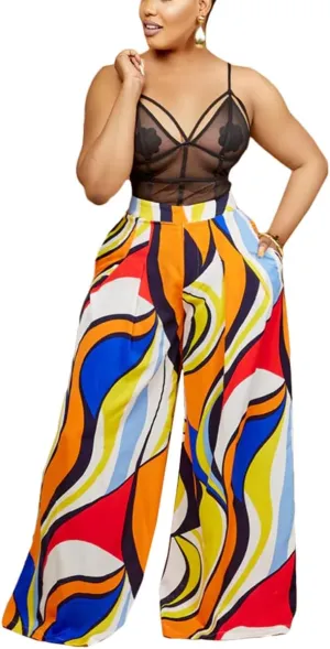 BFFBABY Womens Casual Palazzo Pants High Waist Printed Ruched Loose Flowy Lounge Wide Leg Pants (M-3XL)