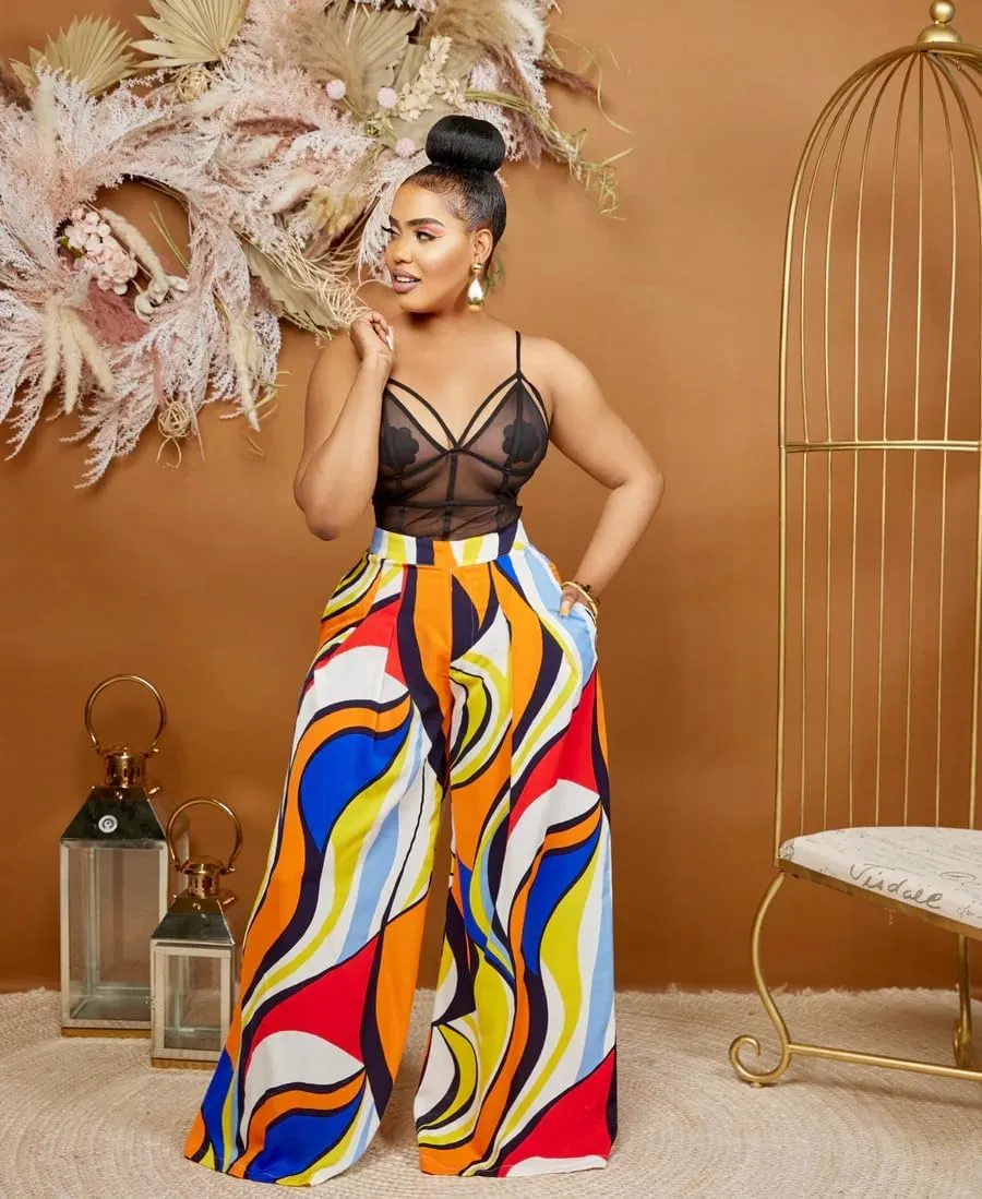 BFFBABY Womens Casual Palazzo Pants High Waist Printed Ruched Loose Flowy Lounge Wide Leg Pants (M-3XL)