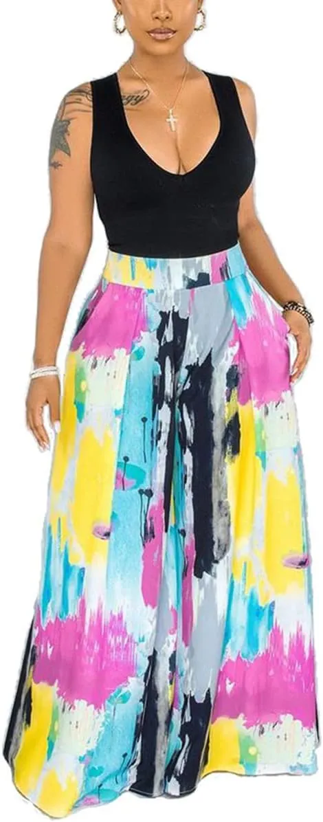 BFFBABY Womens Casual Palazzo Pants High Waist Printed Ruched Loose Flowy Lounge Wide Leg Pants (M-3XL)