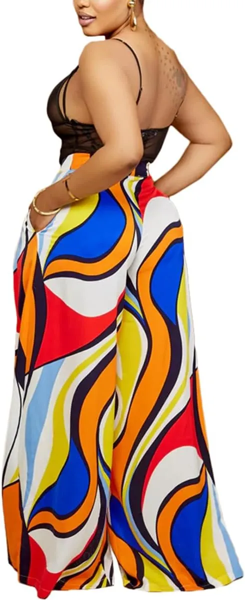 BFFBABY Womens Casual Palazzo Pants High Waist Printed Ruched Loose Flowy Lounge Wide Leg Pants (M-3XL)