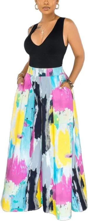 BFFBABY Womens Casual Palazzo Pants High Waist Printed Ruched Loose Flowy Lounge Wide Leg Pants (M-3XL)