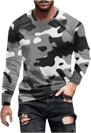 Big and Tall Shirts for Men Long Sleeve Camouflage Print Graphic Pullover Tops Camo Gym Workout Crewneck Sweatshirts