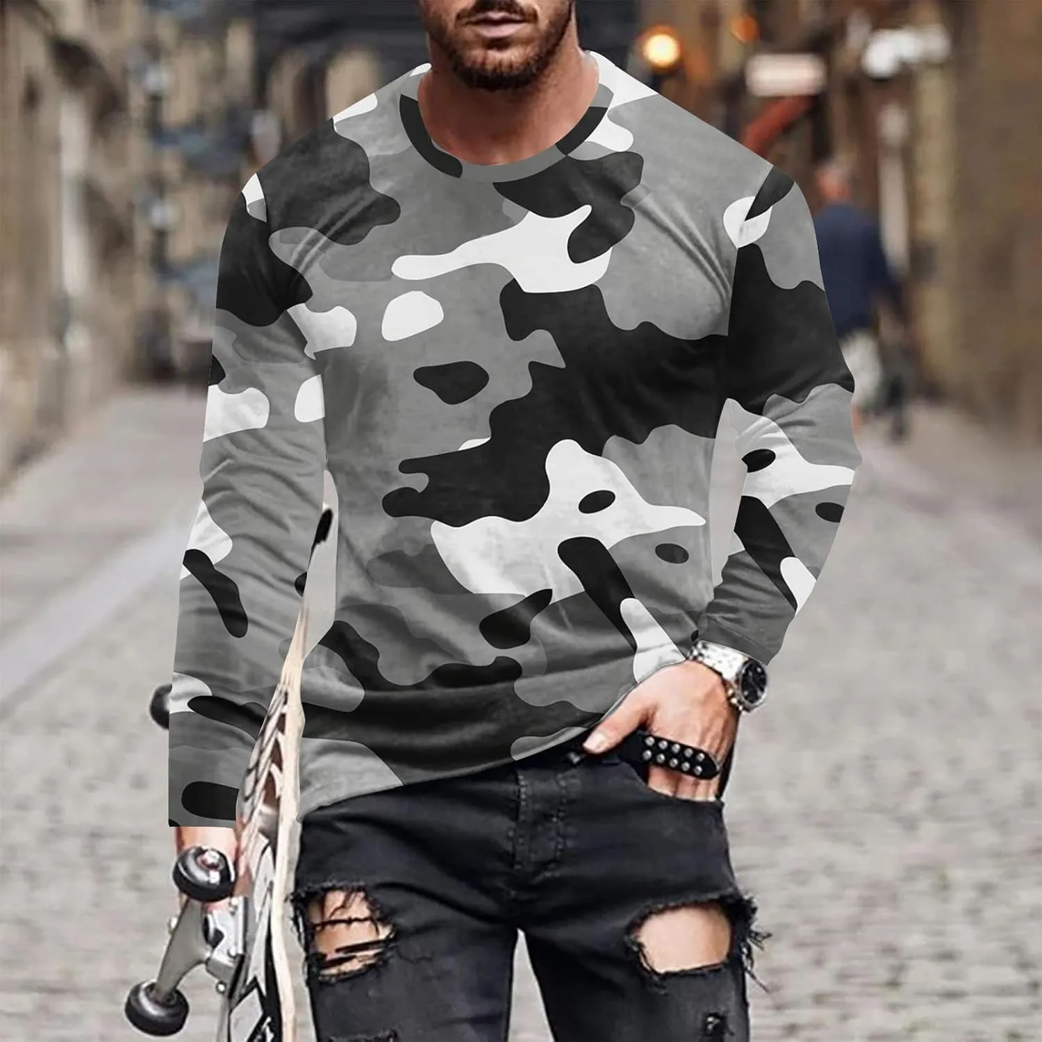 Big and Tall Shirts for Men Long Sleeve Camouflage Print Graphic Pullover Tops Camo Gym Workout Crewneck Sweatshirts