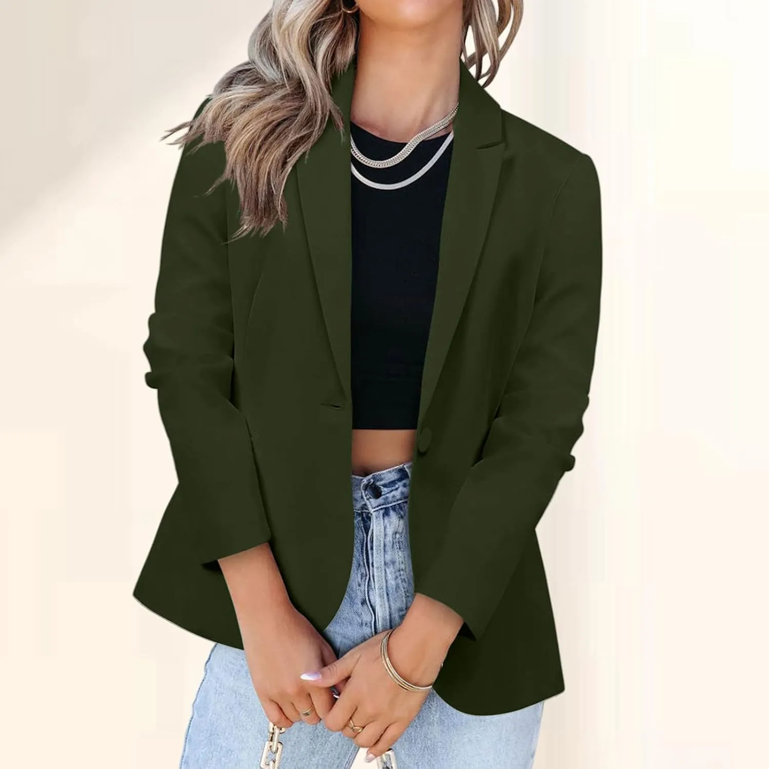 Blazers for Women Business Long Sleeve Open Front Blazers Casual Office Slim Button Suit Jacket with Pocket Cardigan