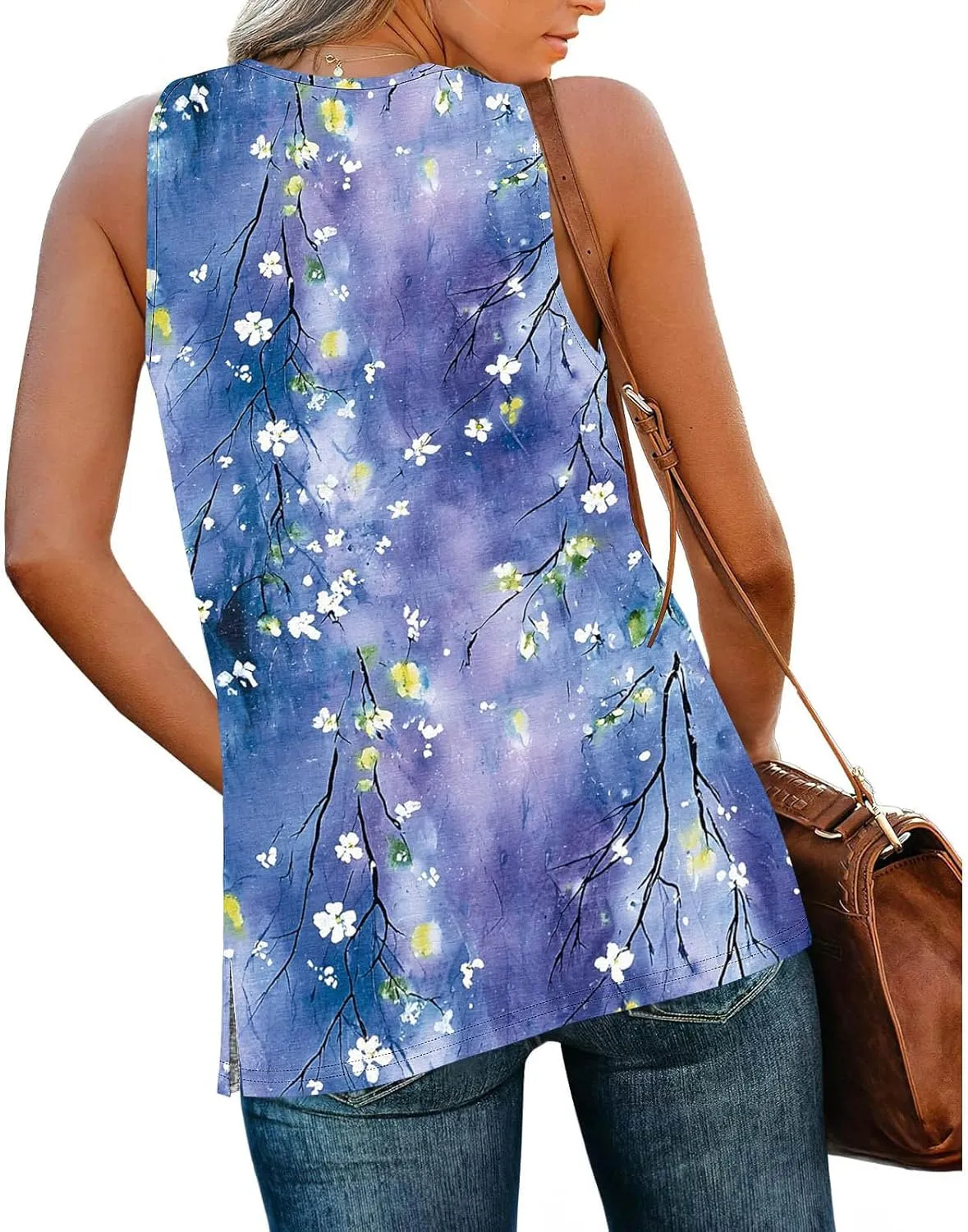 Boho Floral Tank Top for Women Sleeveless V Neck Summer Casual Loose Fit Printed Camisole Blouse with Side Split