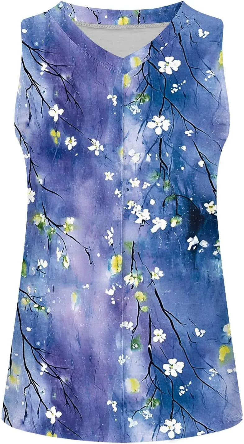 Boho Floral Tank Top for Women Sleeveless V Neck Summer Casual Loose Fit Printed Camisole Blouse with Side Split
