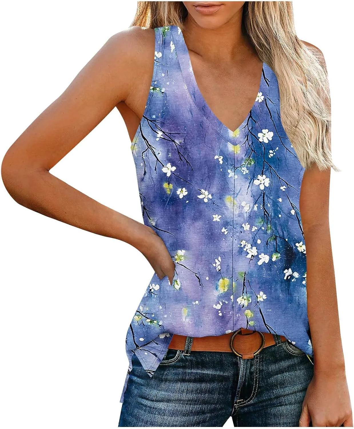 Boho Floral Tank Top for Women Sleeveless V Neck Summer Casual Loose Fit Printed Camisole Blouse with Side Split