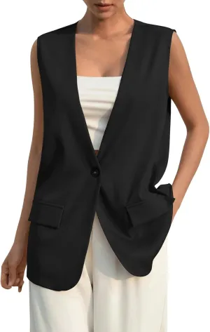 Button Suit Vest Women 2024 Collarless Sleeveless Blazer Jackets Loose Fashion Casual Open Front Vest Pockets