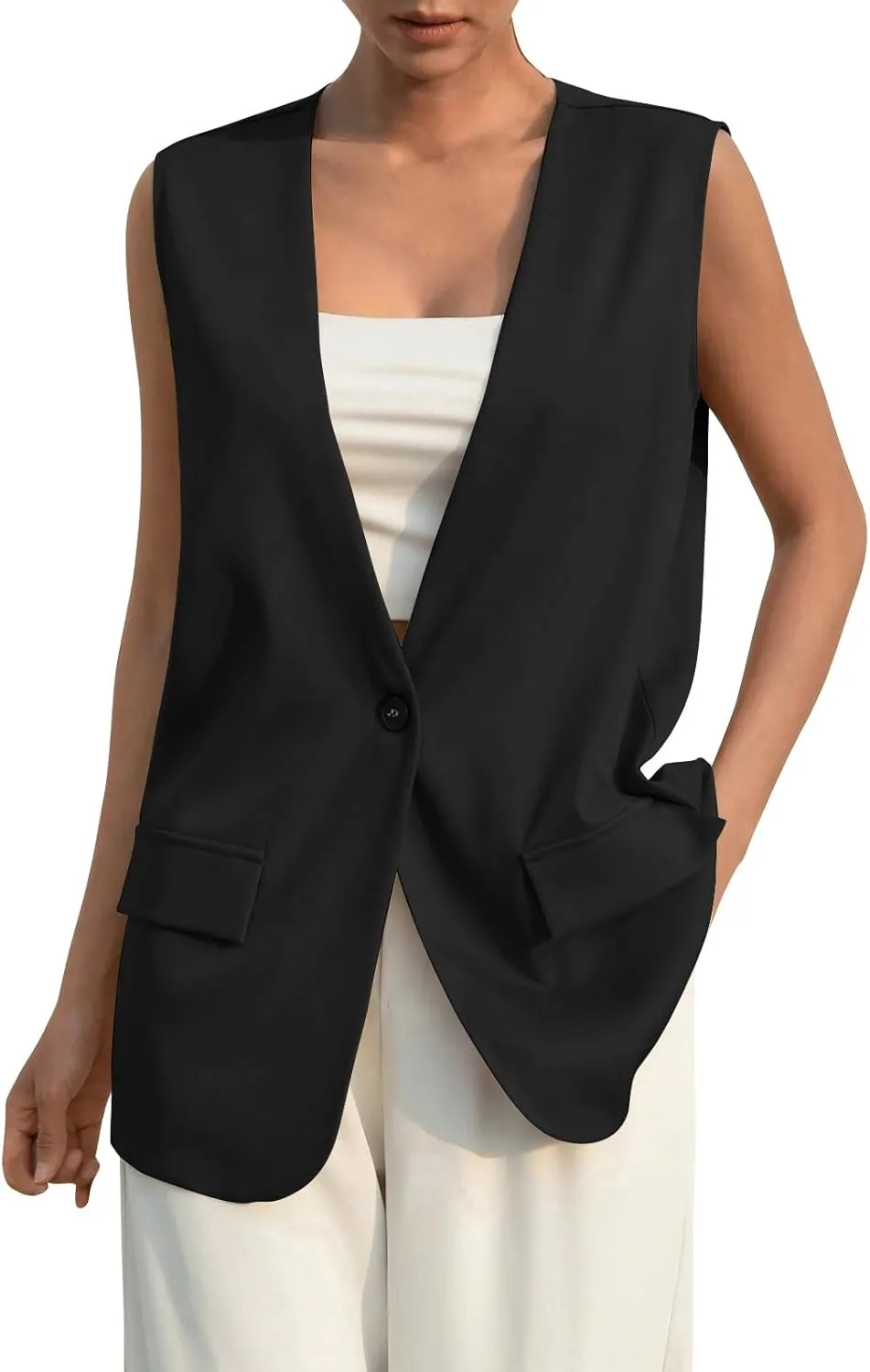 Button Suit Vest Women 2024 Collarless Sleeveless Blazer Jackets Loose Fashion Casual Open Front Vest Pockets