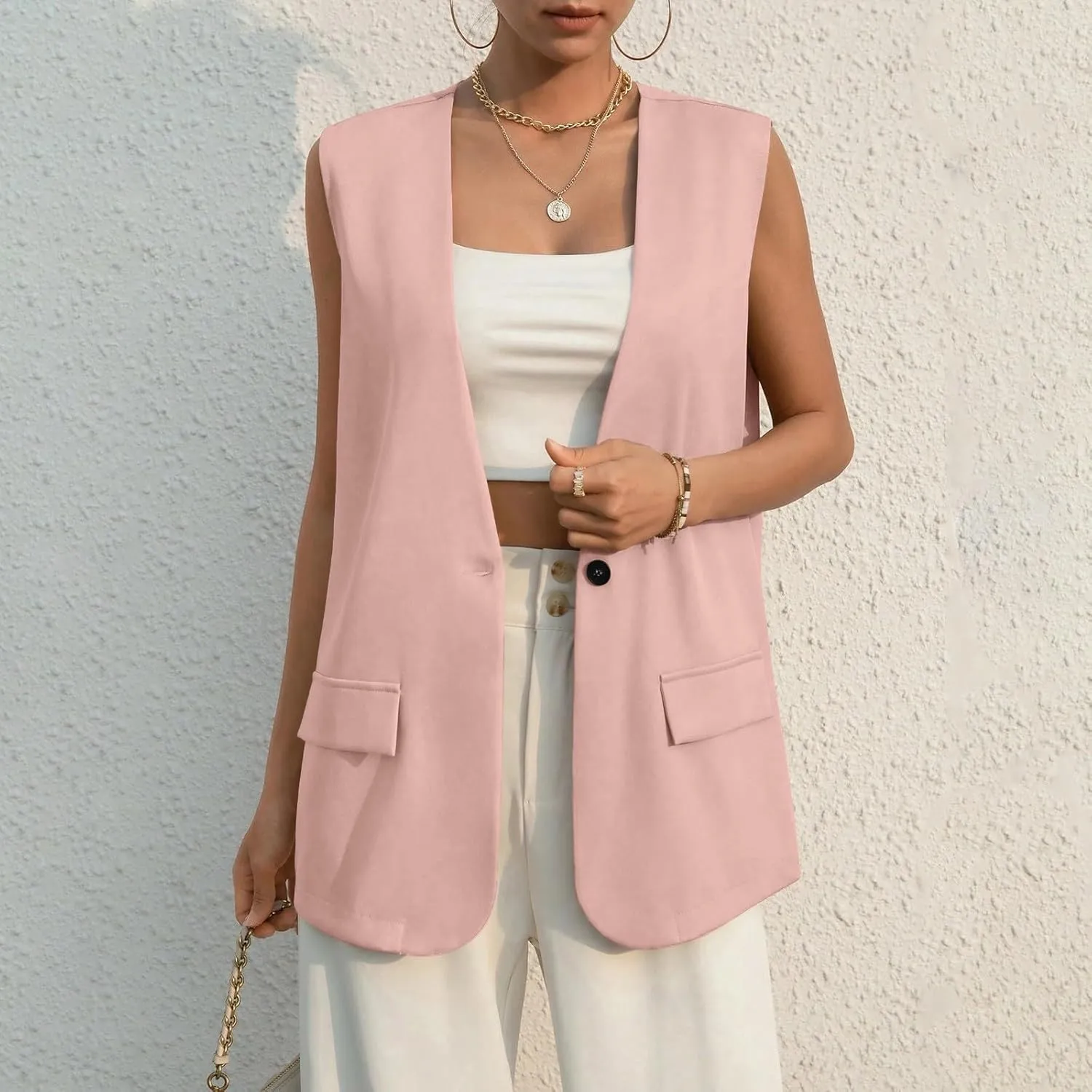 Button Suit Vest Women 2024 Collarless Sleeveless Blazer Jackets Loose Fashion Casual Open Front Vest Pockets