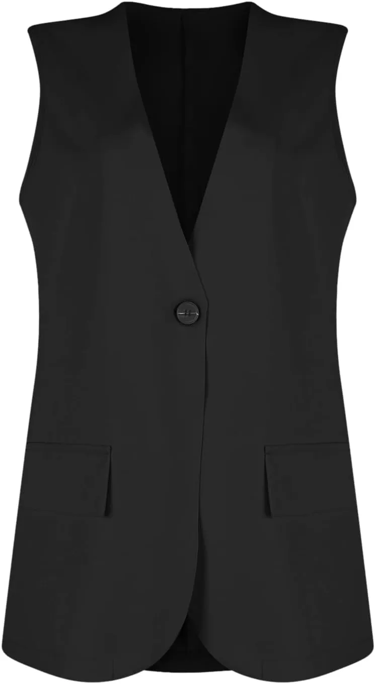 Button Suit Vest Women 2024 Collarless Sleeveless Blazer Jackets Loose Fashion Casual Open Front Vest Pockets