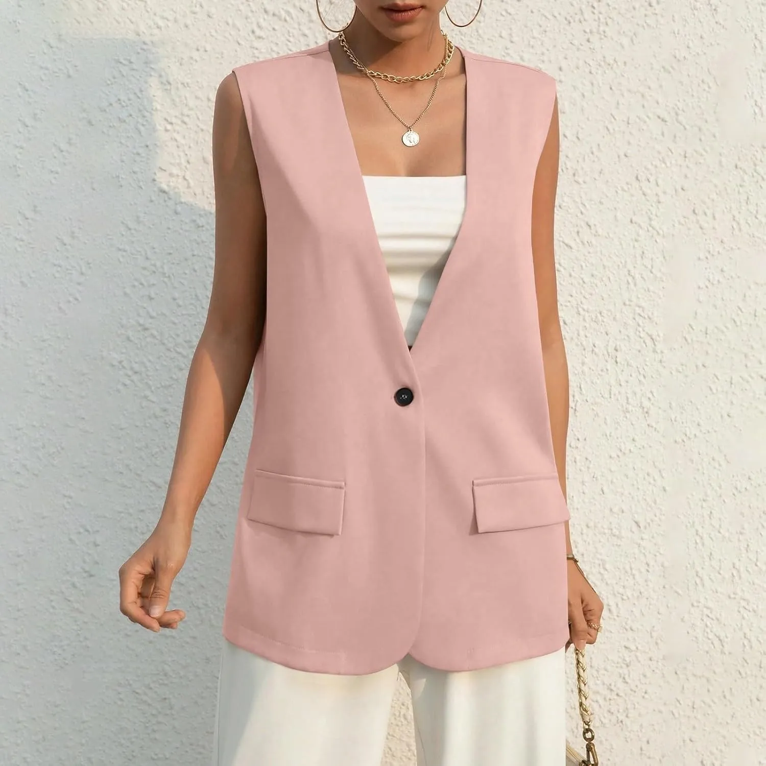 Button Suit Vest Women 2024 Collarless Sleeveless Blazer Jackets Loose Fashion Casual Open Front Vest Pockets