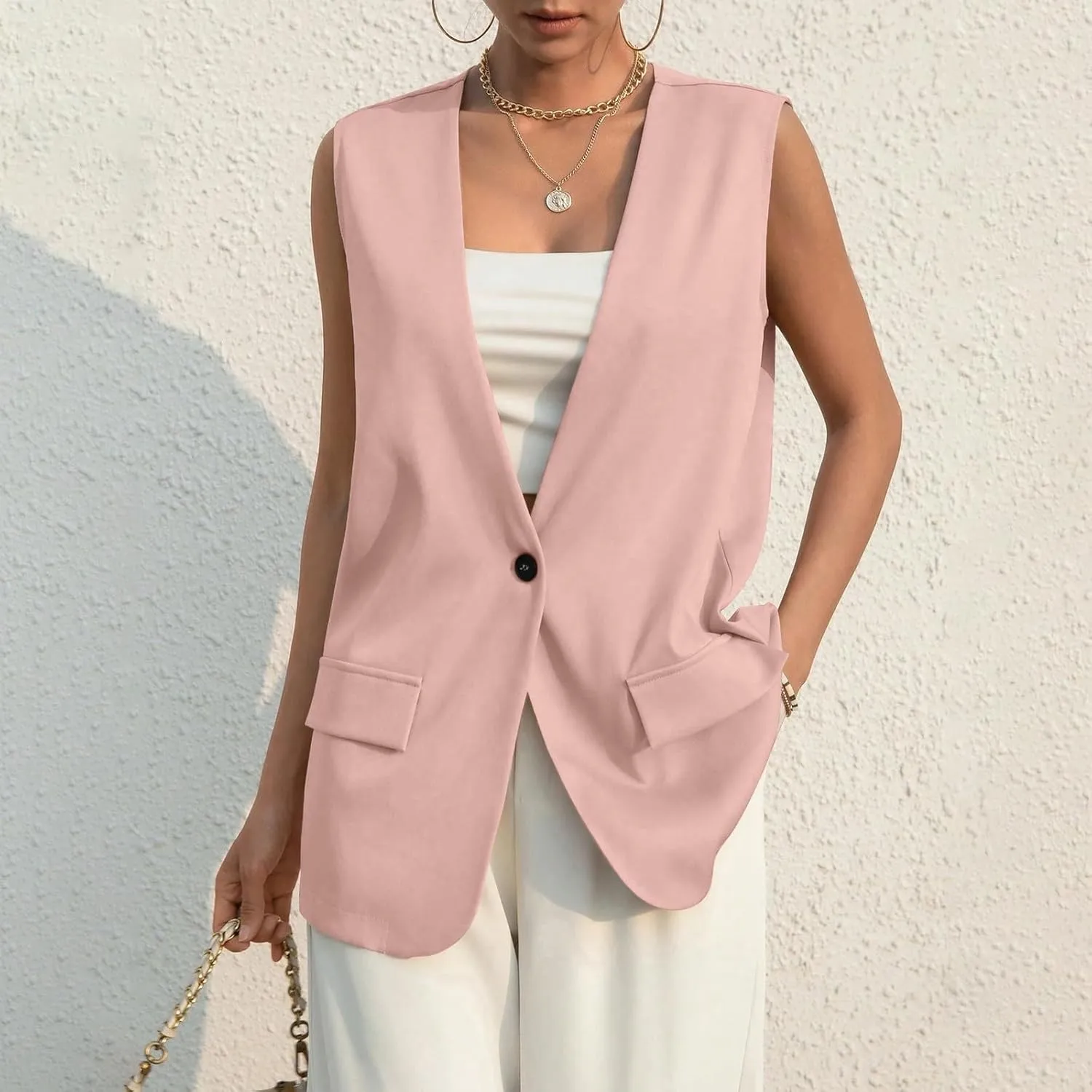 Button Suit Vest Women 2024 Collarless Sleeveless Blazer Jackets Loose Fashion Casual Open Front Vest Pockets