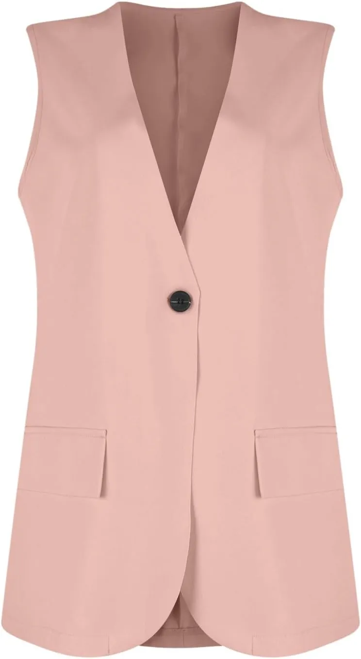 Button Suit Vest Women 2024 Collarless Sleeveless Blazer Jackets Loose Fashion Casual Open Front Vest Pockets