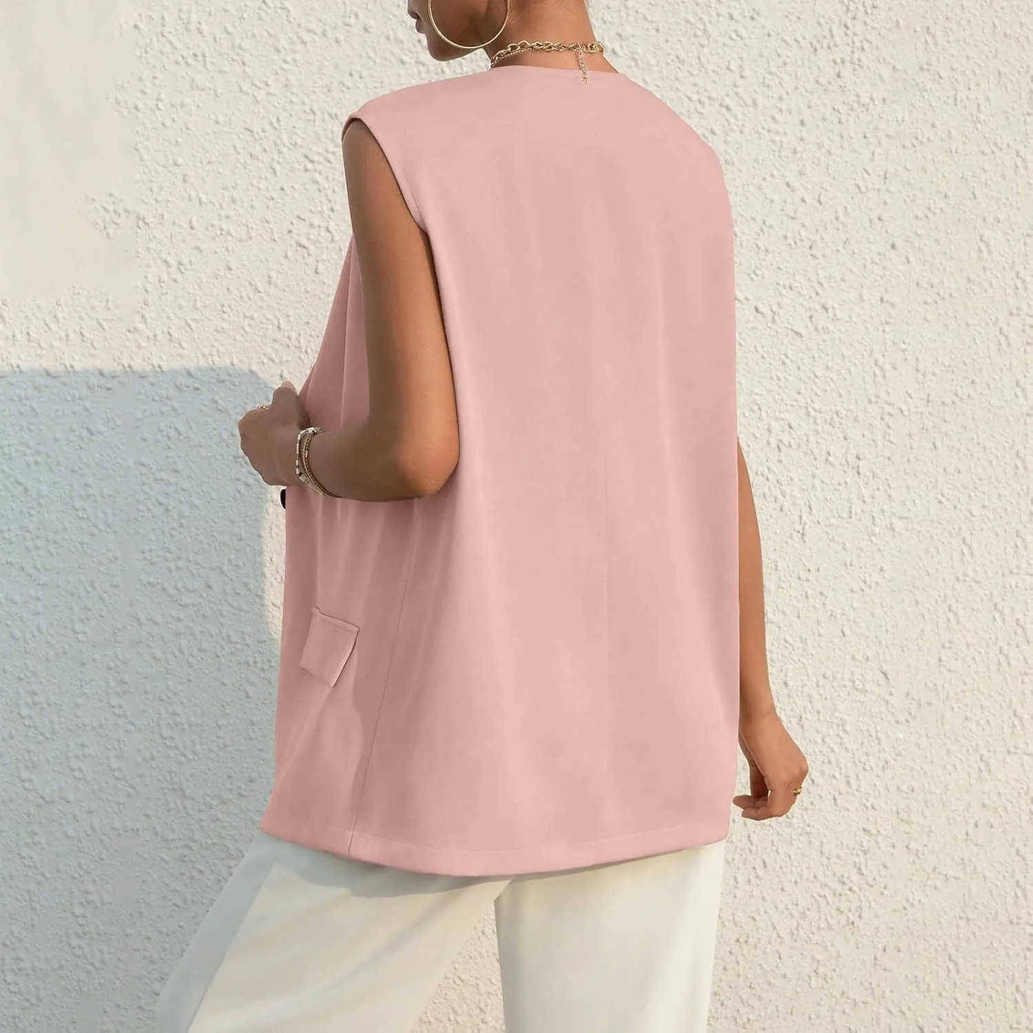 Button Suit Vest Women 2024 Collarless Sleeveless Blazer Jackets Loose Fashion Casual Open Front Vest Pockets