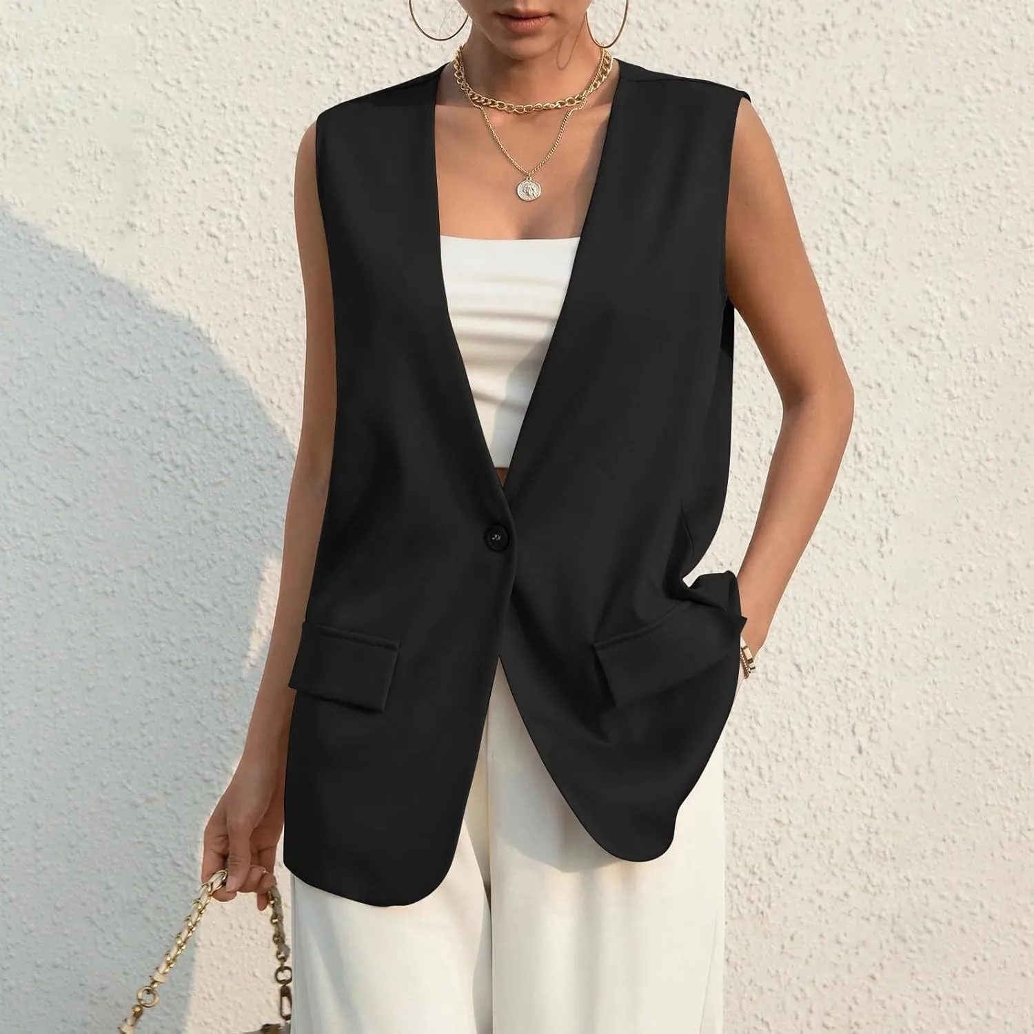 Button Suit Vest Women 2024 Collarless Sleeveless Blazer Jackets Loose Fashion Casual Open Front Vest Pockets