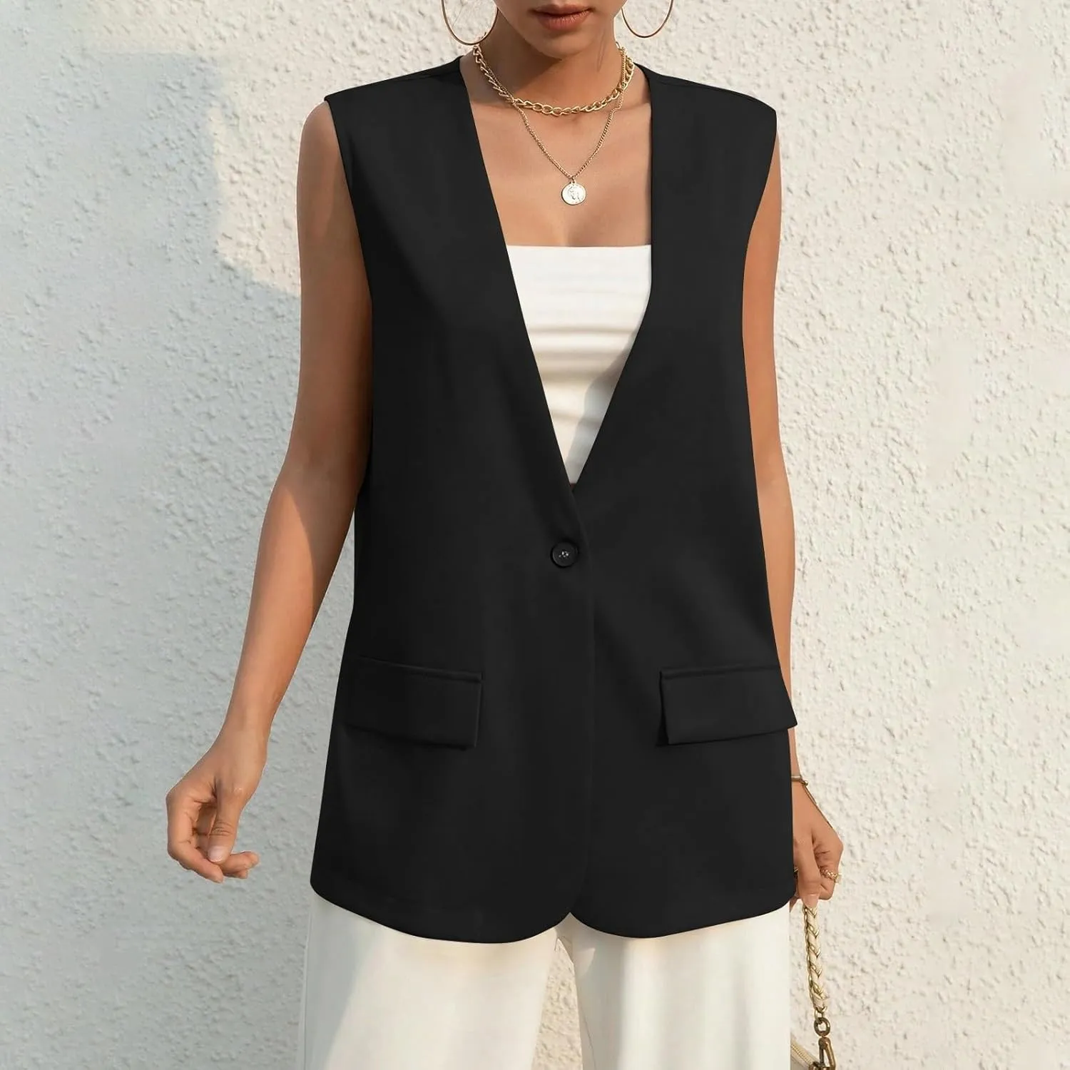Button Suit Vest Women 2024 Collarless Sleeveless Blazer Jackets Loose Fashion Casual Open Front Vest Pockets