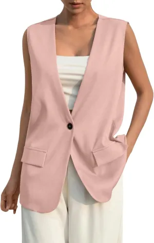 Button Suit Vest Women 2024 Collarless Sleeveless Blazer Jackets Loose Fashion Casual Open Front Vest Pockets