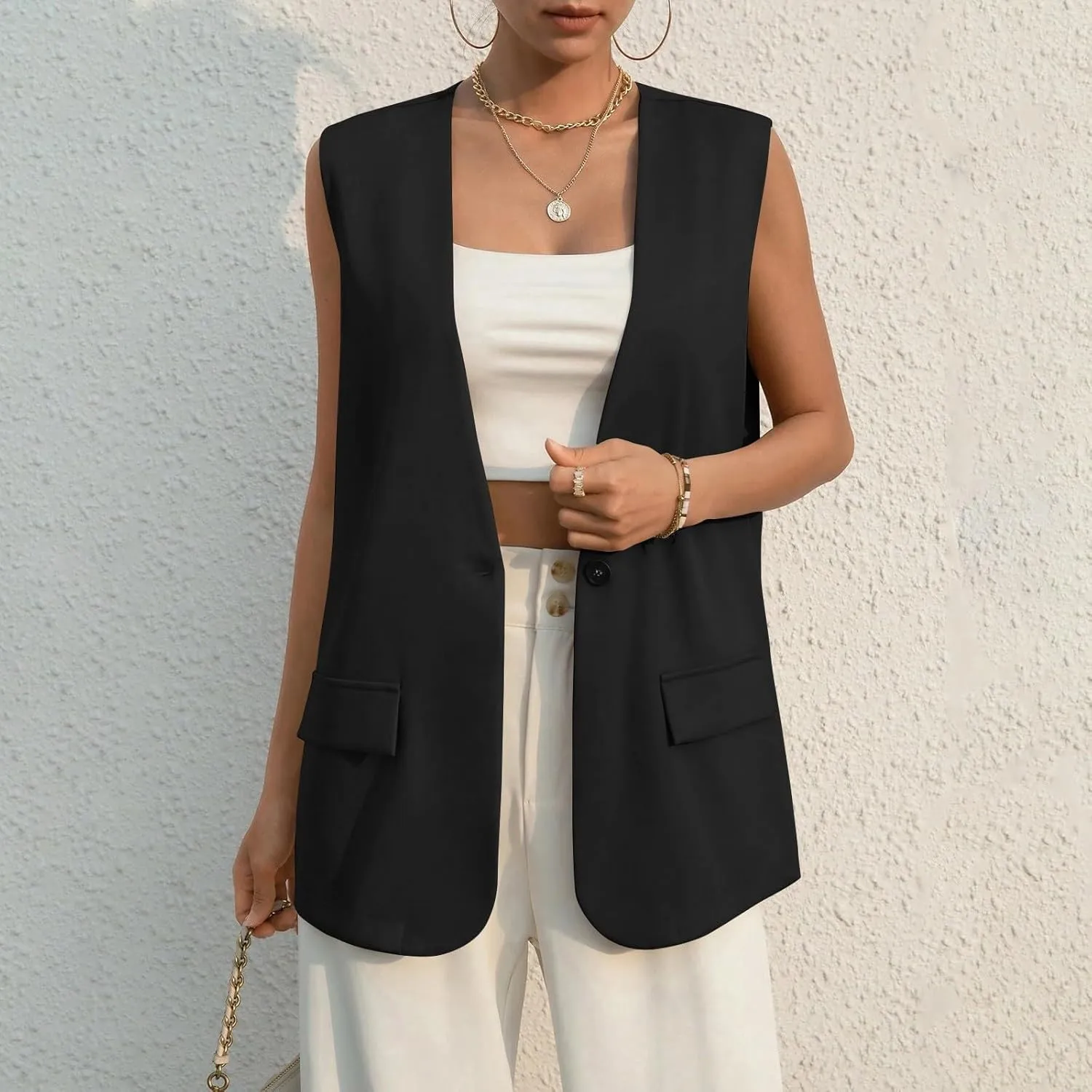 Button Suit Vest Women 2024 Collarless Sleeveless Blazer Jackets Loose Fashion Casual Open Front Vest Pockets