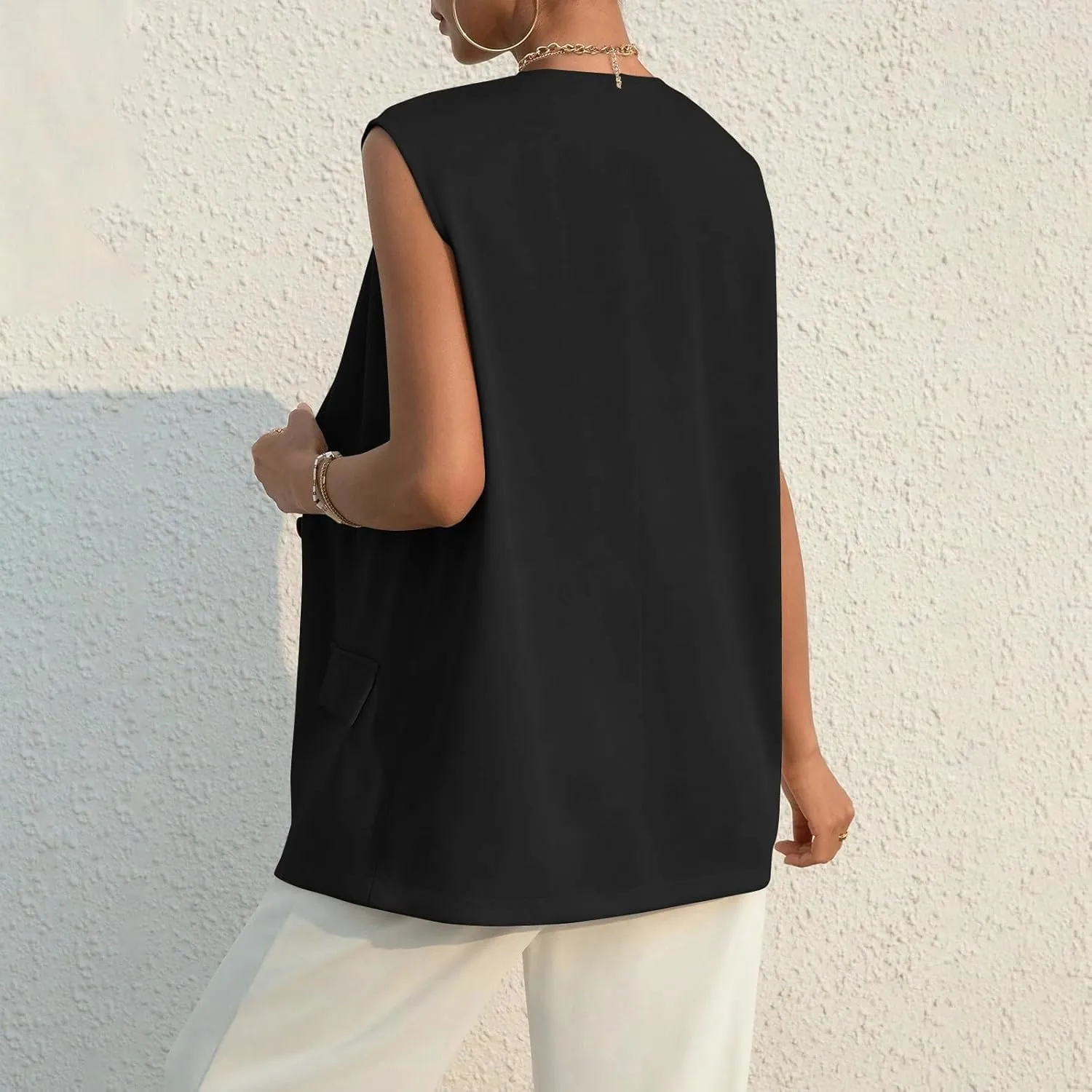 Button Suit Vest Women 2024 Collarless Sleeveless Blazer Jackets Loose Fashion Casual Open Front Vest Pockets
