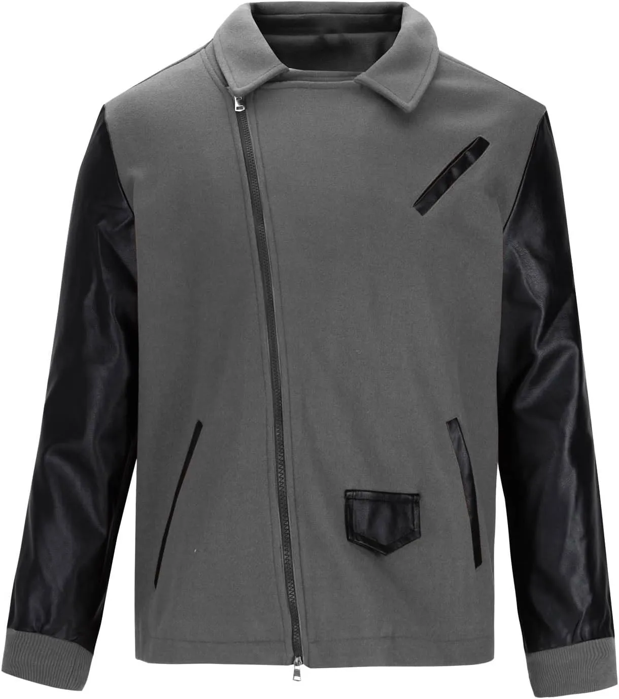 Cambkatl Men's PU Woolen Patchwork Motorcycle Jacket Zip Up Faux Leather Outerwear Fall Winter Colorblock Sports Coat