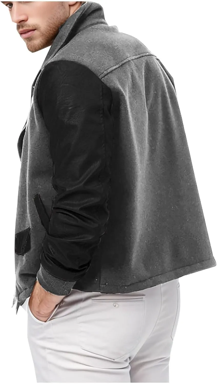 Cambkatl Men's PU Woolen Patchwork Motorcycle Jacket Zip Up Faux Leather Outerwear Fall Winter Colorblock Sports Coat
