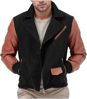 Cambkatl Men's PU Woolen Patchwork Motorcycle Jacket Zip Up Faux Leather Outerwear Fall Winter Colorblock Sports Coat