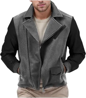 Cambkatl Men's PU Woolen Patchwork Motorcycle Jacket Zip Up Faux Leather Outerwear Fall Winter Colorblock Sports Coat