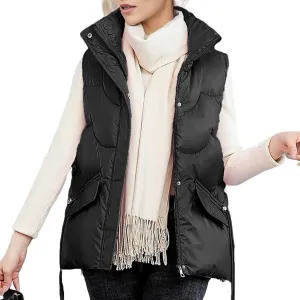 Canbebig Womens Quilted Vest Puffer Sleeveless Jacket Winter Stand Collar Zip Padded Gilet Coat with Lapel Drawstring Pocket