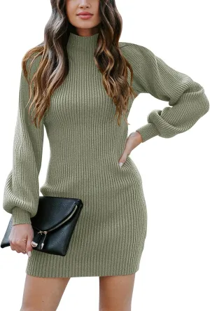 Caracilia Women Turtleneck Long Sleeve Knit Bodycon Slim Fitted Stretch Pullover Sweater Mini Dress Trendy Outfits 2025 Fall