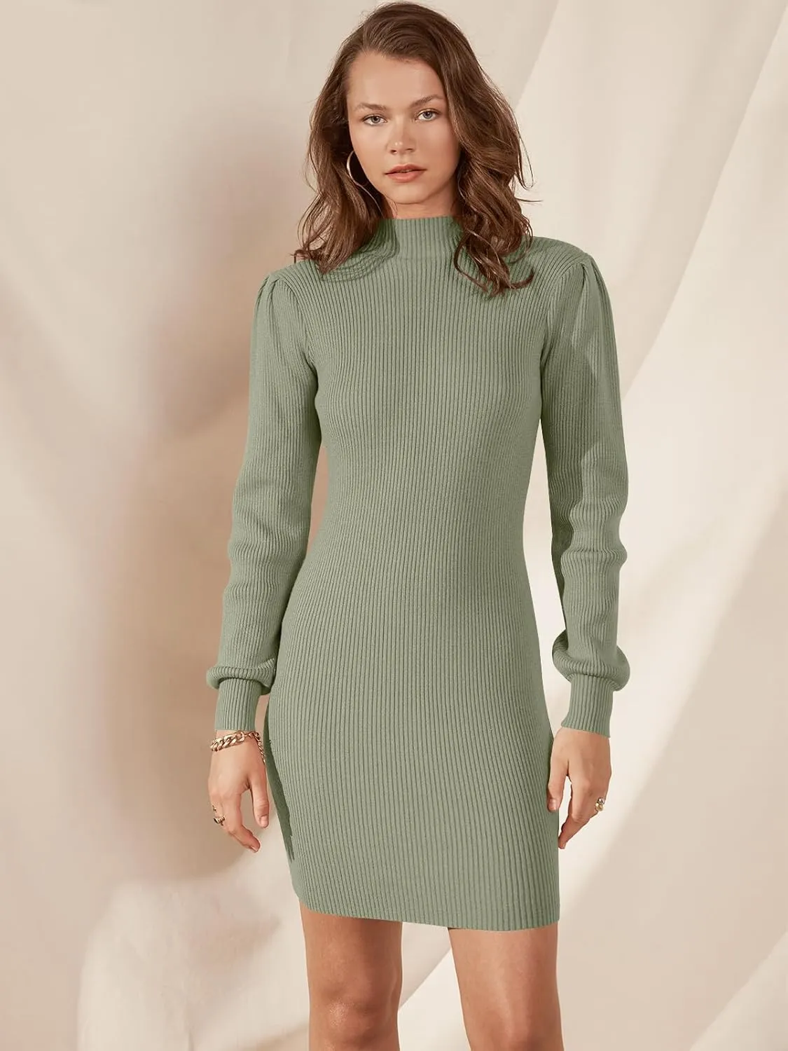 Caracilia Women Turtleneck Long Sleeve Knit Bodycon Slim Fitted Stretch Pullover Sweater Mini Dress Trendy Outfits 2025 Fall