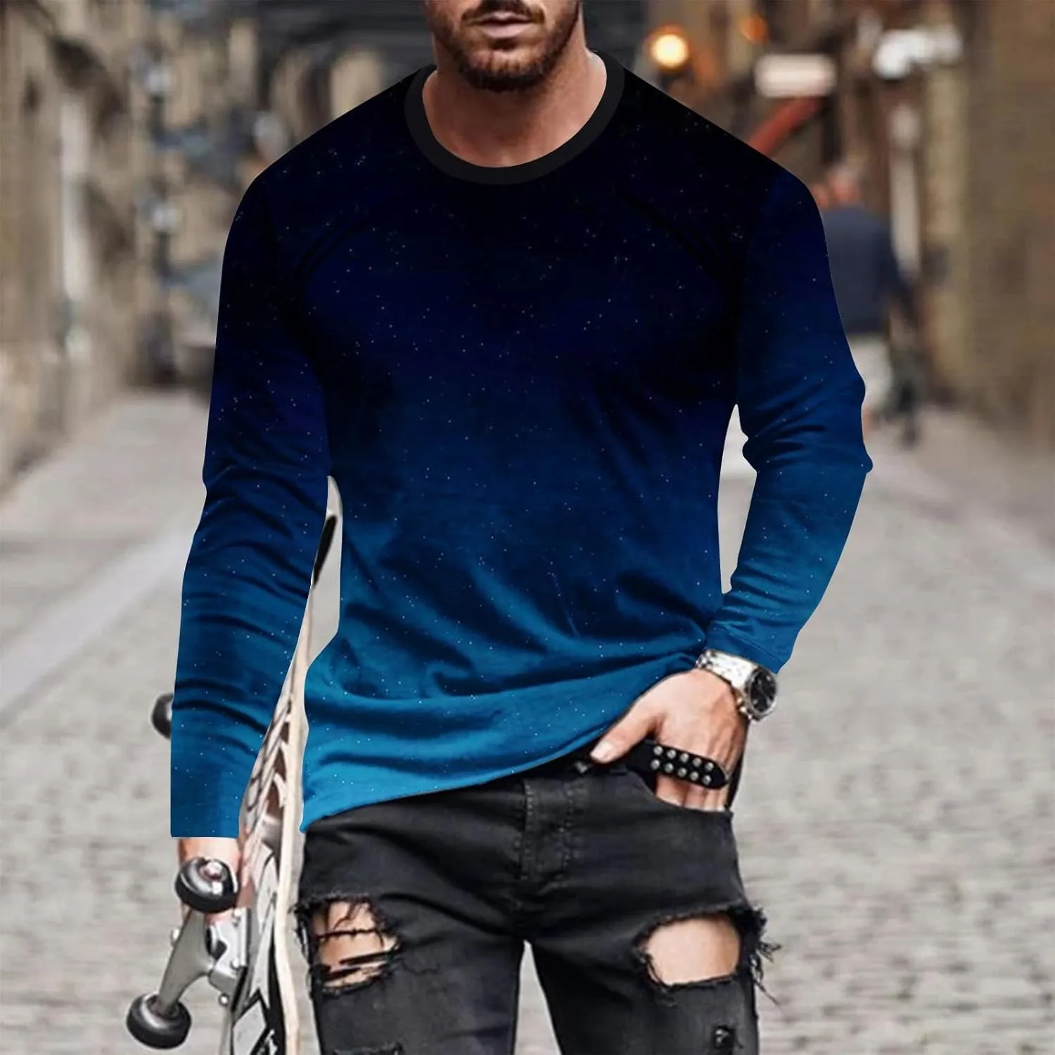 Casual Sports T-Shirts for Men Loose Crew Neck Gradient Long Sleeve Pullover Tops Fashion Comfort Athletic Blouses