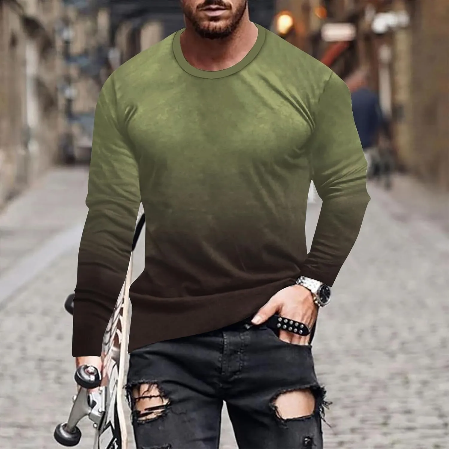 Casual Sports T-Shirts for Men Loose Crew Neck Gradient Long Sleeve Pullover Tops Fashion Comfort Athletic Blouses