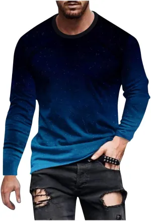 Casual Sports T-Shirts for Men Loose Crew Neck Gradient Long Sleeve Pullover Tops Fashion Comfort Athletic Blouses