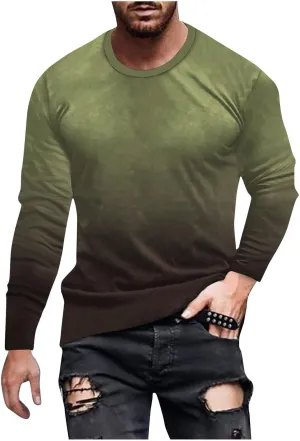 Casual Sports T-Shirts for Men Loose Crew Neck Gradient Long Sleeve Pullover Tops Fashion Comfort Athletic Blouses