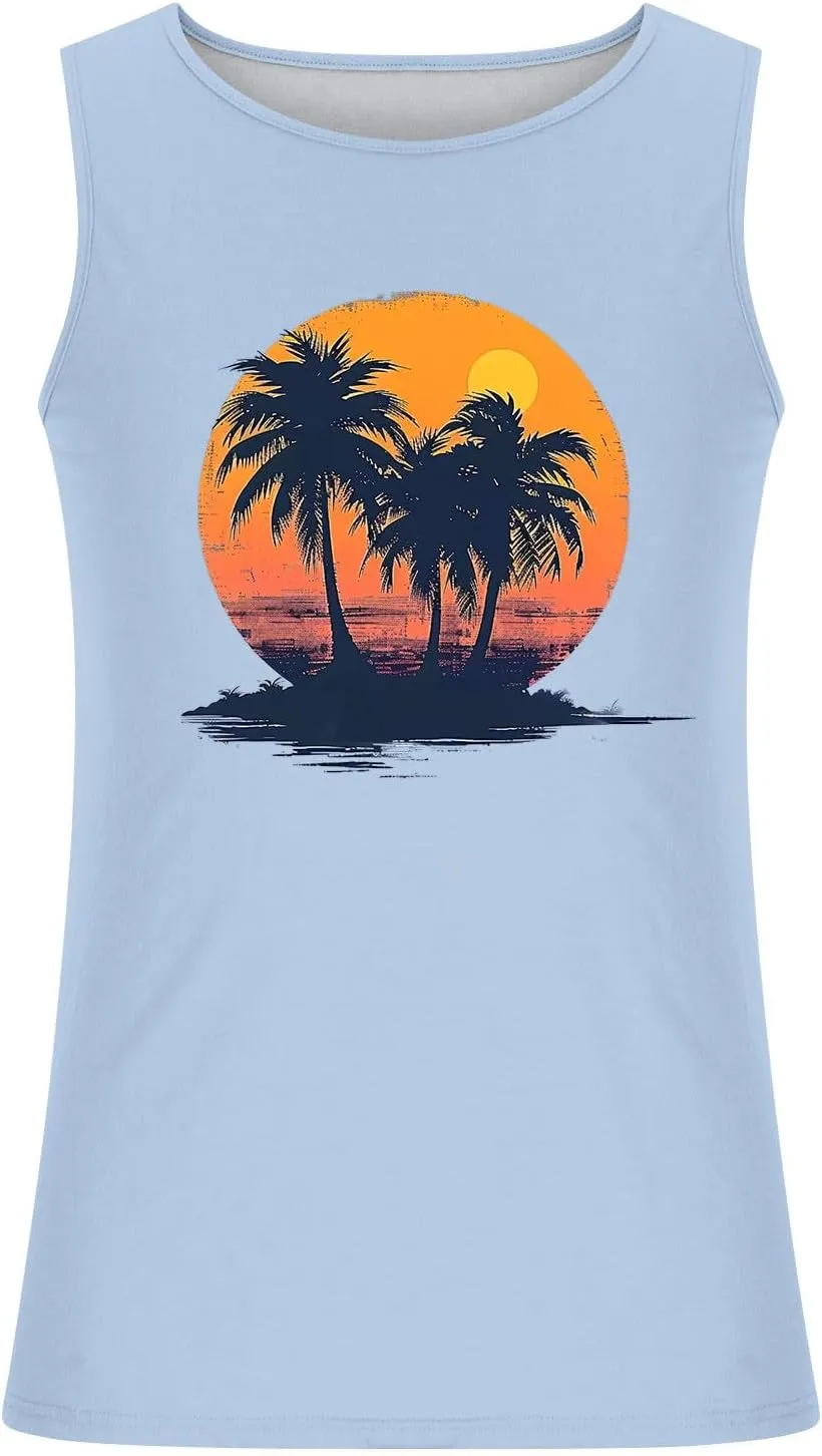 Coconut Tree Print Mens Casual Beach Tank Tops - Summer Sleeveless Loose Crew Neck Gym Workout Muscle Tee Shirts