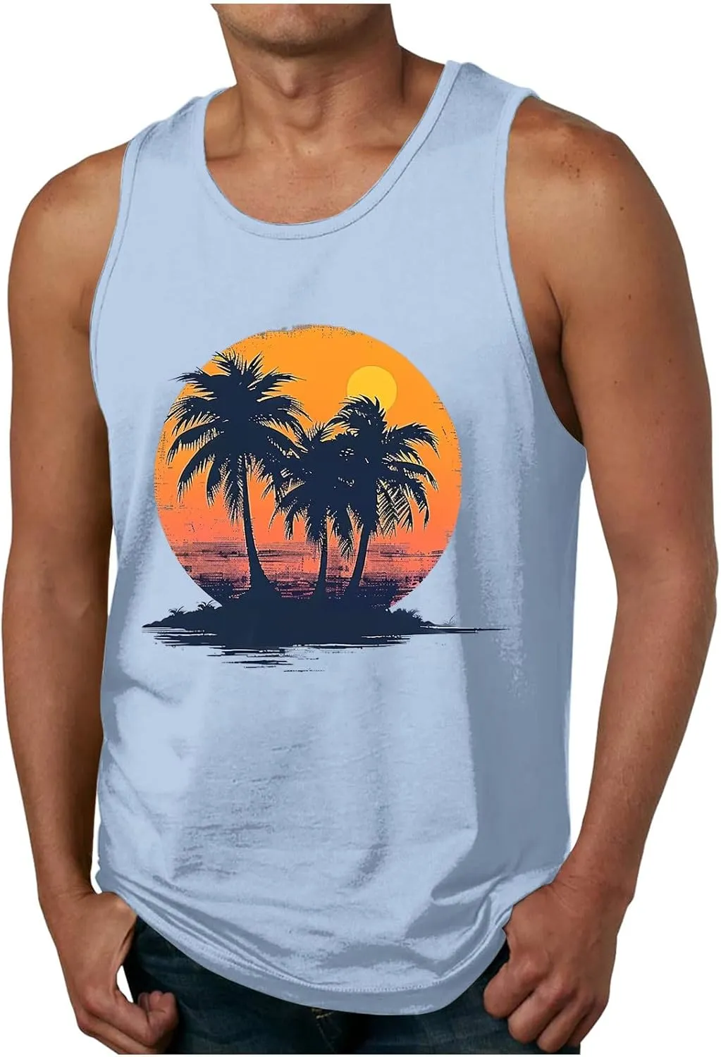 Coconut Tree Print Mens Casual Beach Tank Tops - Summer Sleeveless Loose Crew Neck Gym Workout Muscle Tee Shirts