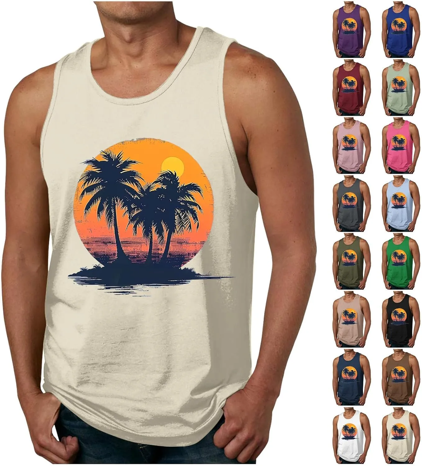 Coconut Tree Print Mens Casual Beach Tank Tops - Summer Sleeveless Loose Crew Neck Gym Workout Muscle Tee Shirts
